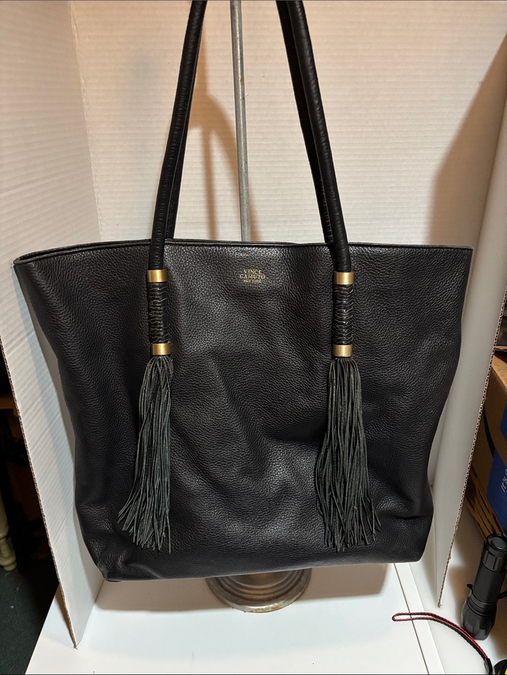 Vince Camuto Black Pebbled Leather Tassel Tote